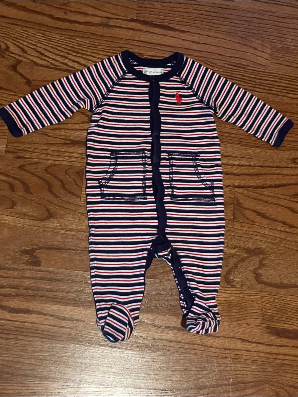 Ralph Lauren Navy, Red & White Striped Footed One-Piece
